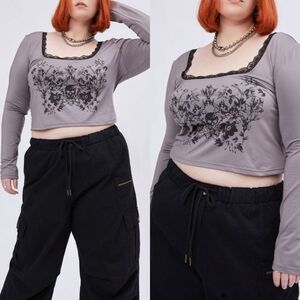 Cider Square Neck Lace Trim Skull and Flowers Long Sleeve Top in Gray Sz 1X NWT